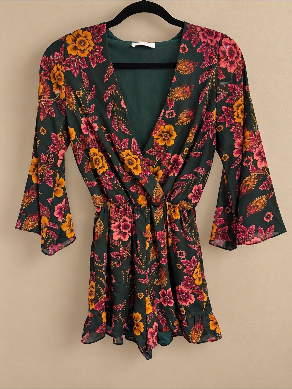 Everly Floral Wrap Romper in Dark Green with Pink & Mustard Flowers